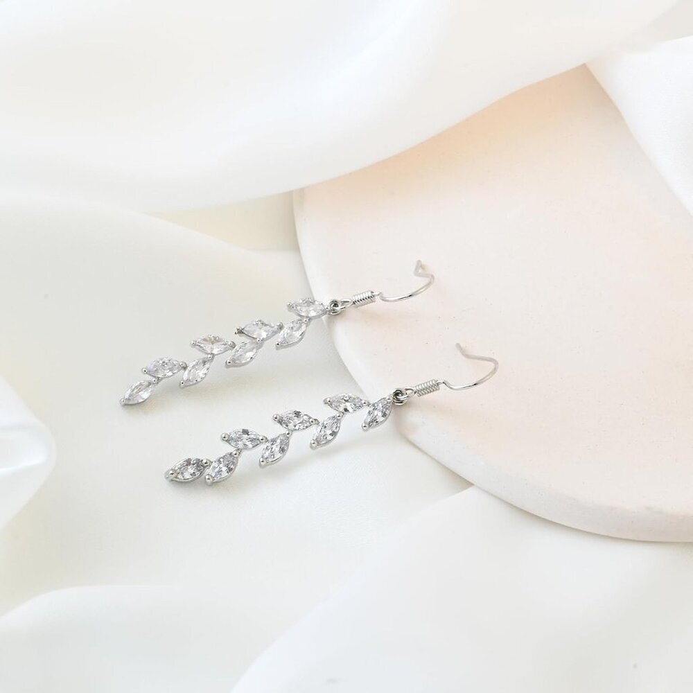 Handmade Silver Leaf Earrings Crystal Wedding Dangle Earrings for Brides Bridesm - Picture 6 of 8